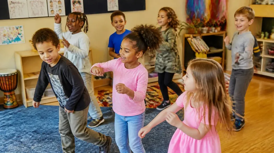 A diverse group of children enjoying music and movement in a colorful activity room