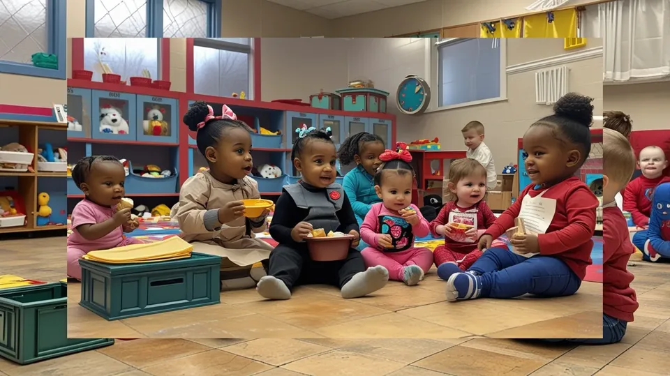 Young children and caregivers together in a warm indoor learning space